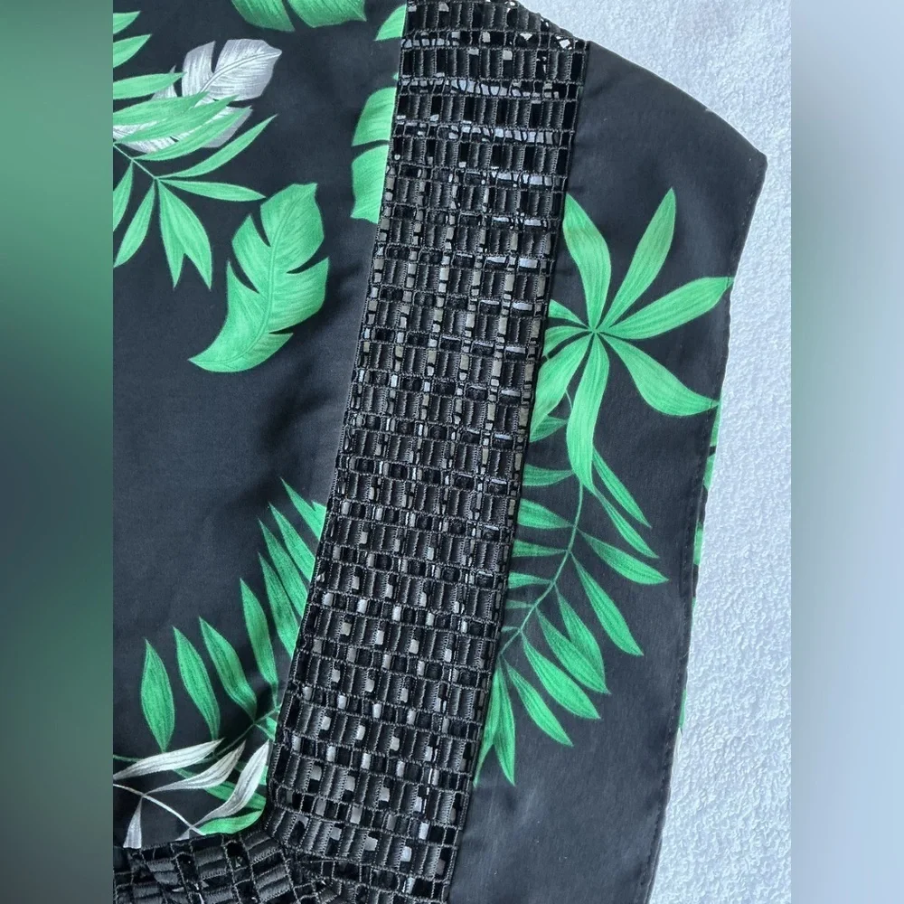 Alfani Tropical Black Blouse with Green Leaf Design Sz L